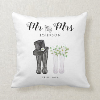 Watercolor Mr & Mrs with top hat, flowers & boots Cushion