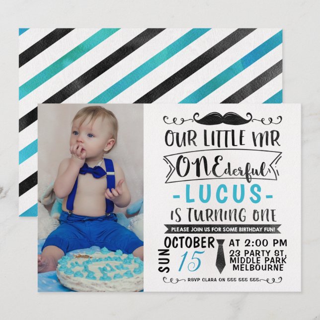 Watercolor Mr ONEderful Birthday Invitation (Front/Back)