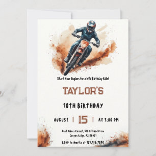 Watercolor Mud Splatter Dirt Bike Rider Birthday Invitation