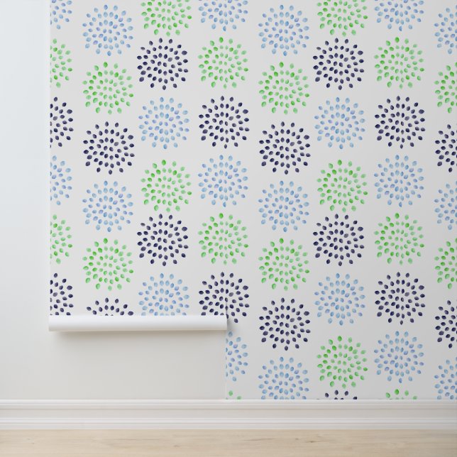 Watercolor Multi Colour Blue Green Flowers Wallpaper (Application)