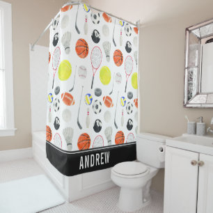 Watercolor Multi Sport Pattern Balls Kid Boy Name  Shower Curtain