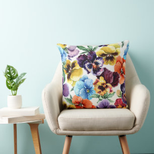 Watercolor Multicolor Floral Pansy Pattern Cushion
