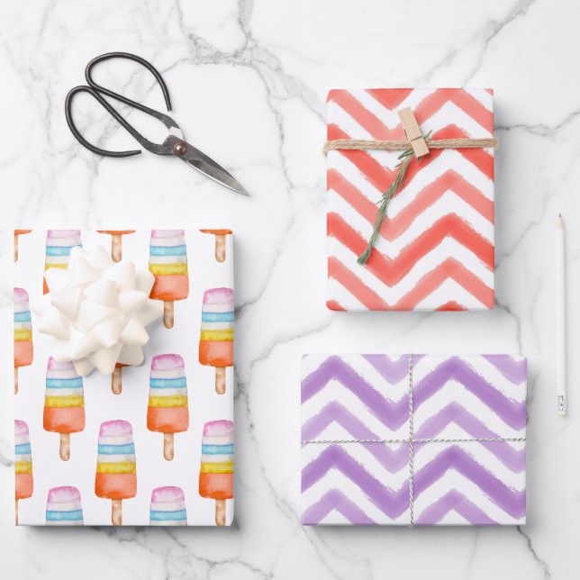 Watercolor Multicolor Popsicle Chevron Wrapping Paper Sheet (Front)