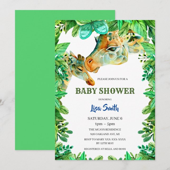Watercolor Mum And Baby Giraffes Baby Shower Invitation (Front/Back)