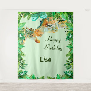 Watercolor Mum And Baby Giraffes Birthday Backdrop Tapestry