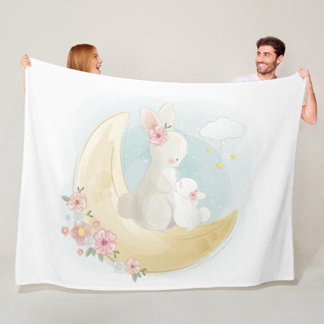 Watercolor Mum and baby Rabbits on Moon Fleece Blanket (In Situ)