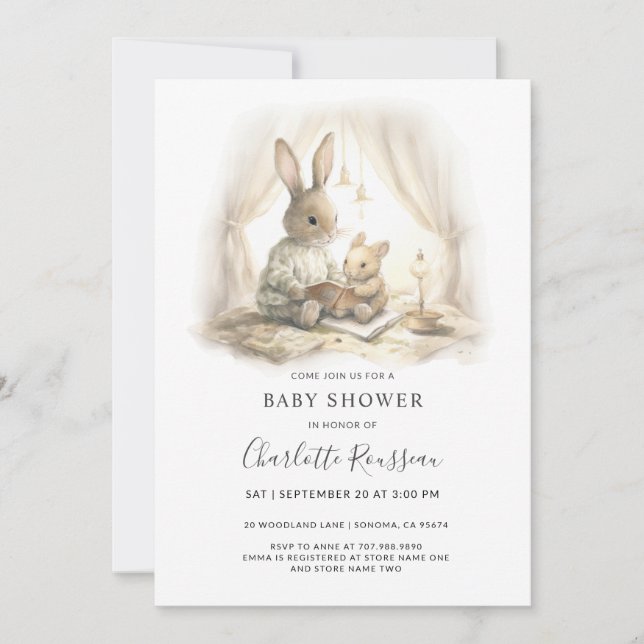 Watercolor Mum Baby Bunny Rabbit Baby Shower Invitation (Front)
