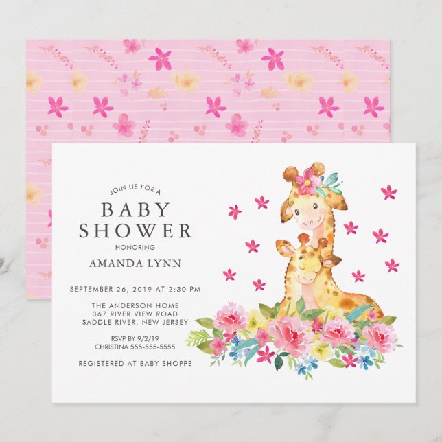 Watercolor Mum Baby Giraffe Baby Girl Shower Invitation (Front/Back)