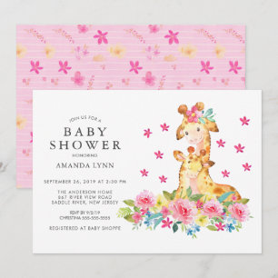 Watercolor Mum Baby Giraffe Baby Girl Shower Invitation