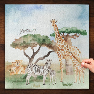 Watercolor Mummy and Baby African Animals Jigsaw Puzzle