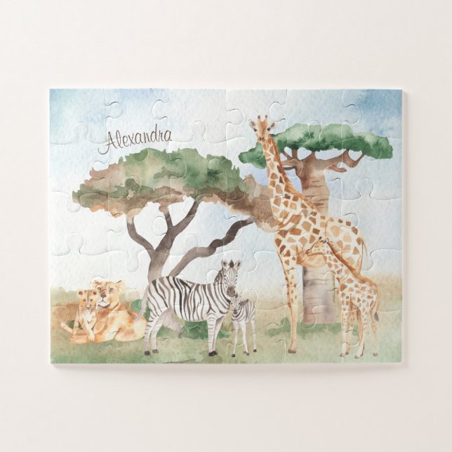 Watercolor Mummy and Baby African Animals Jigsaw Puzzle (Horizontal)