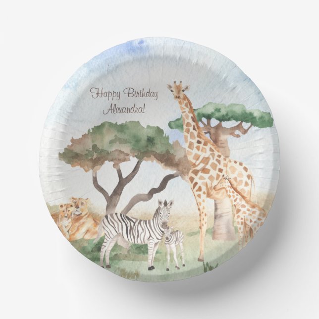Watercolor Mummy and Baby African Animals Paper Plate (Front)