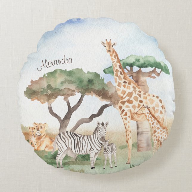Watercolor Mummy and Baby African Animals Round Cushion (Front)