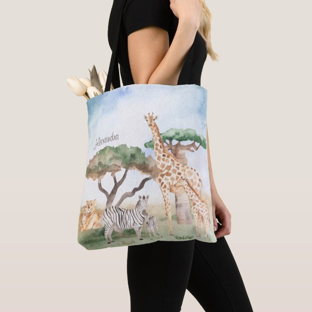 Watercolor Mummy and Baby African Animals Tote Bag (Close Up)