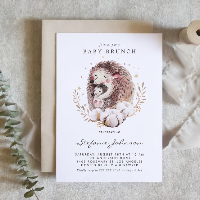 Watercolor Mummy and Baby Hedgehog Baby Brunch Invitation (Woodland theme baby brunch invitation featuring watercolor mommy and baby hedgehog illustration. )
