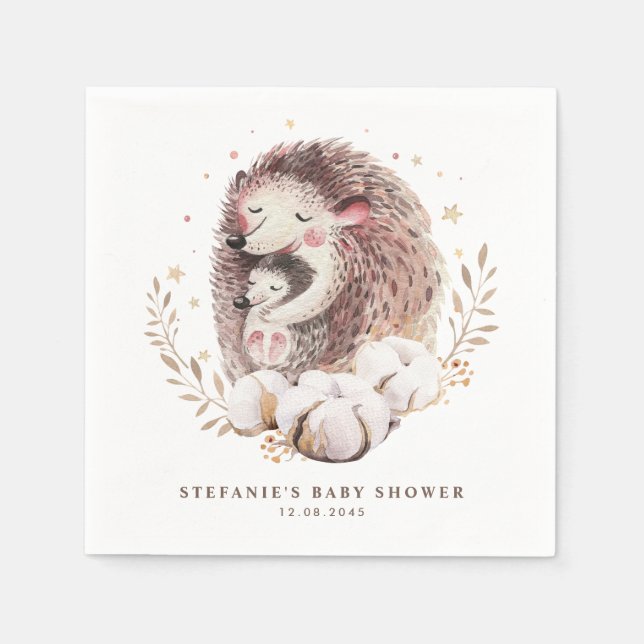 Watercolor Mummy and Baby Hedgehog Baby Shower Napkin (Front)