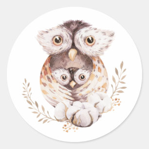 Watercolor Mummy and Baby Owl Woodland Baby Shower Classic Round Sticker