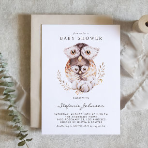 Watercolor Mummy and Baby Owls Fall Baby Shower Invitation