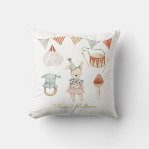 Watercolor Mushroom and Baby Toys Whimsical Cushion