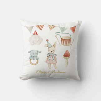 Watercolor Mushroom and Baby Toys Whimsical Cushion