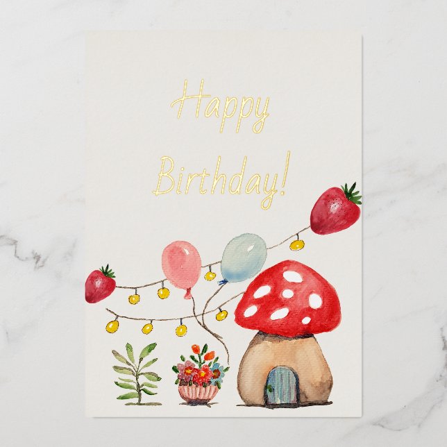 Watercolor Mushroom and Strawberries Cute Party (Front)