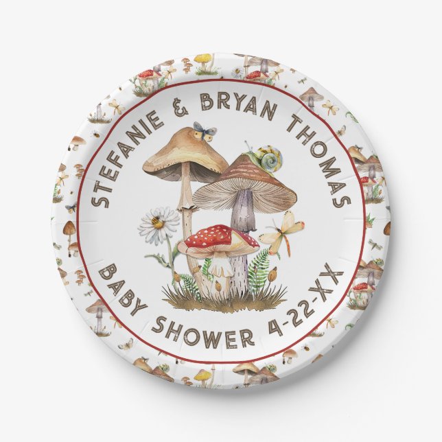 Watercolor Mushroom Baby Shower Plates | Whimsical (Front)