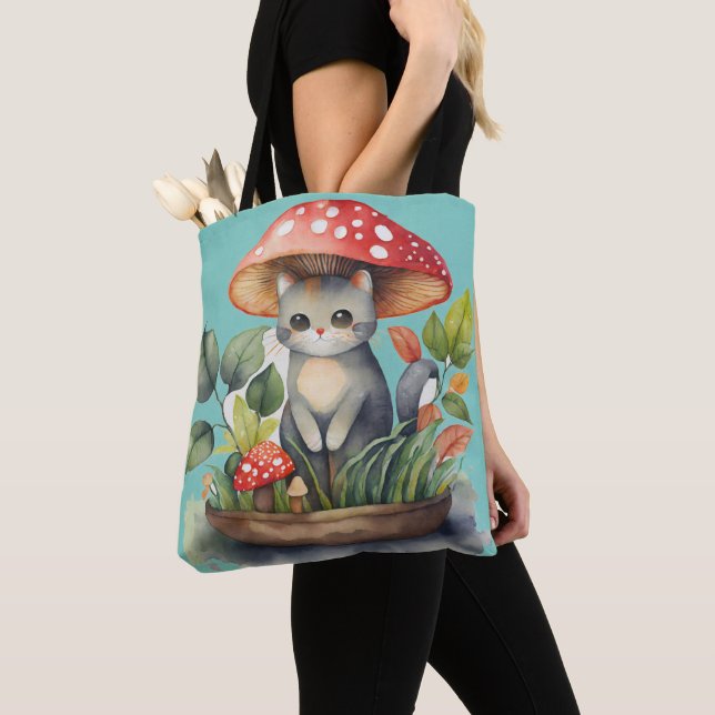 Watercolor Mushroom Garden Cat Tote Bag (Close Up)