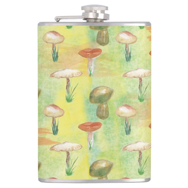Watercolor mushroom glade hip flask (Front)