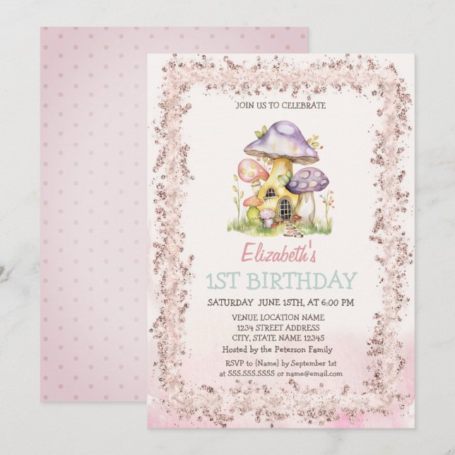 Watercolor Mushroom Houses Glitter Frame  Invitation (Front/Back)
