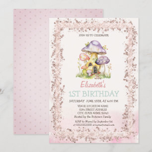 Watercolor Mushroom Houses Glitter Frame  Invitation