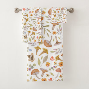 Watercolor Mushrooms and Flowers Bath Towel Set