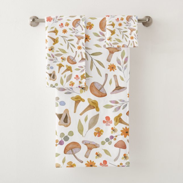 Watercolor Mushrooms and Flowers Bath Towel Set (Insitu)