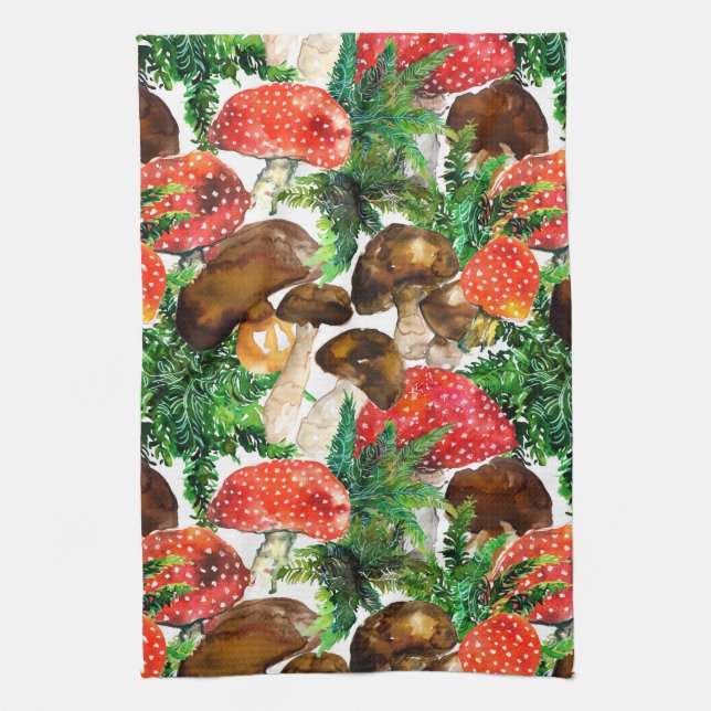 Watercolor  mushrooms and green fern pattern tea towel (Vertical)