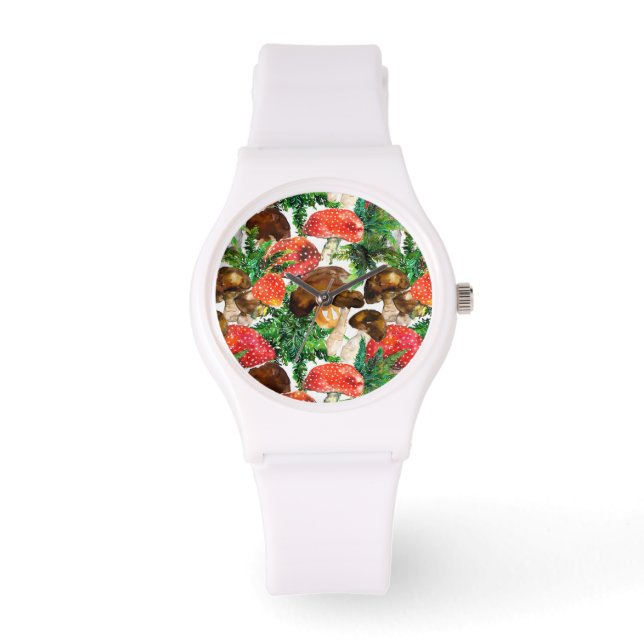 Watercolor  mushrooms and green fern pattern watch (Front)