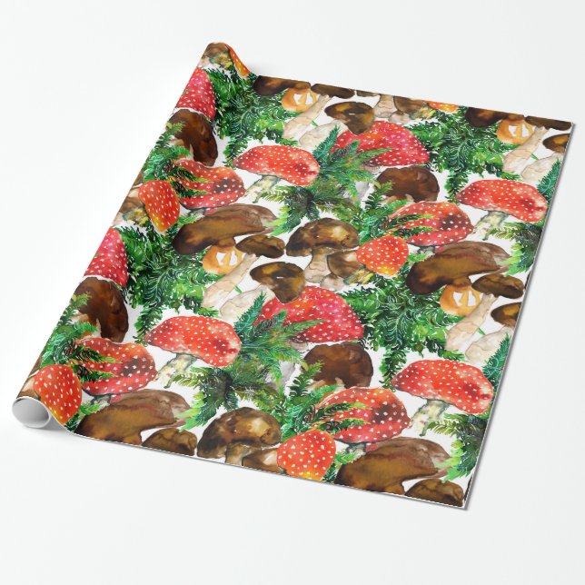 Watercolor  mushrooms and green fern pattern wrapping paper (Unrolled)