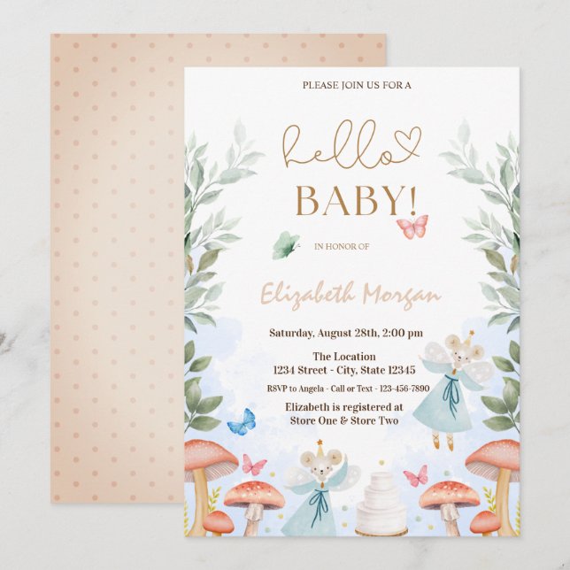 Watercolor Mushrooms Butterflies Dots Baby Shower  Invitation (Front/Back)