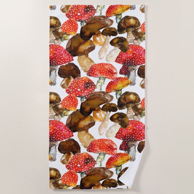 Watercolor mushrooms Cute fall pattern Beach Towel (Front)