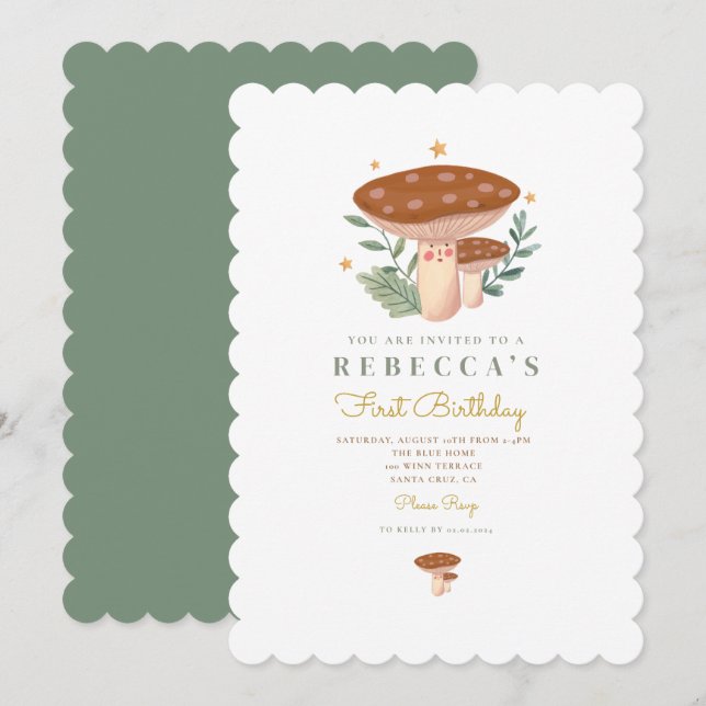 Watercolor mushrooms First Birthday  Invitation (Front/Back)