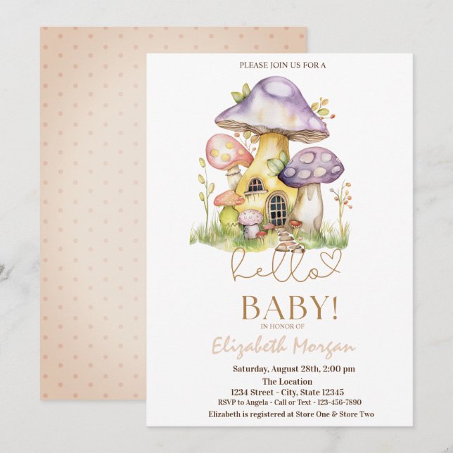 Watercolor Mushrooms  Flowers Dots Baby Shower  Invitation (Front/Back)