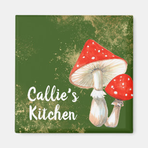 Watercolor Mushrooms Personalised Kitchen Square Magnet
