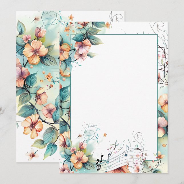 Watercolor music notes and flowers invitation (Front/Back)