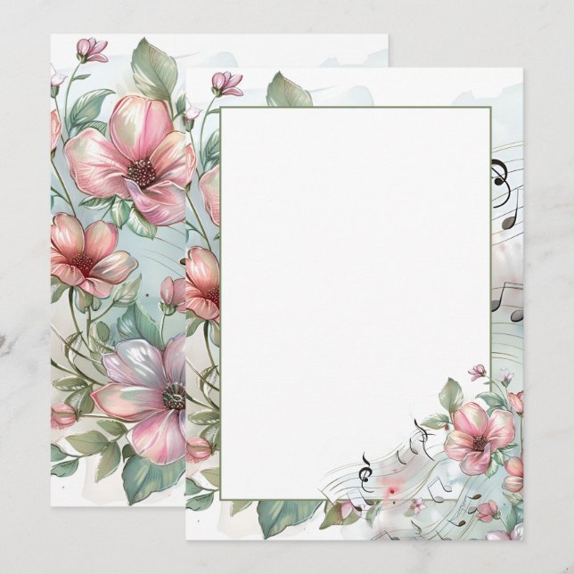 Watercolor music notes and flowers invitation (Front/Back)