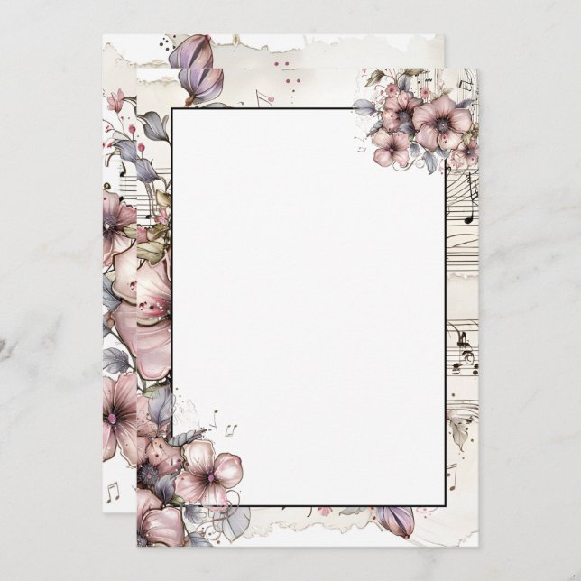 Watercolor music notes and flowers invitation (Front/Back)