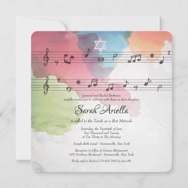 Watercolor Music Notes Bat Mitzvah Invitation (Front)