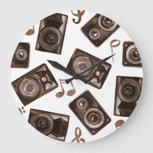 Watercolor Music Speakers Sepia Pattern Large Clock