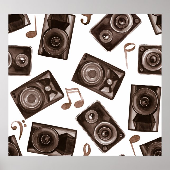 Watercolor Music Speakers Sepia Pattern Poster (Front)