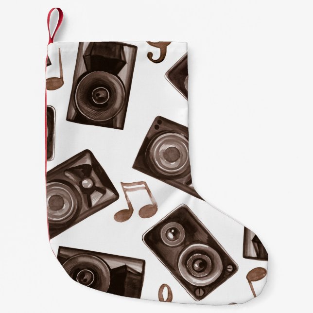 Watercolor Music Speakers Sepia Pattern Small Christmas Stocking (Front)
