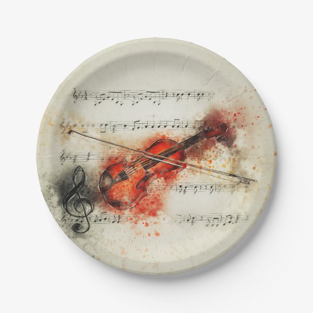 watercolor music violin paint art music paper plate (Front)