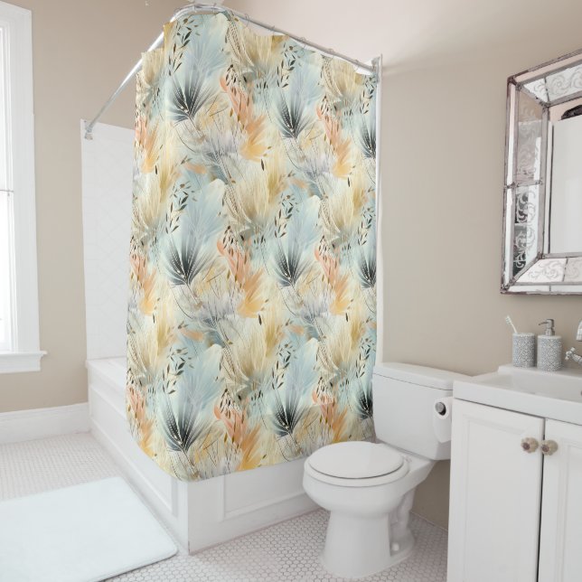 Watercolor Muted Blue Peach Yellow Beige Spring Shower Curtain (In Situ)