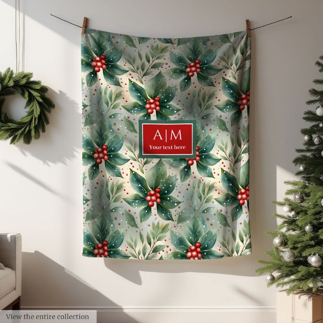 Watercolor muted colours holly berries Christmas Fleece Blanket (Watercolor muted colors holly berries Christmas Fleece Blanket)